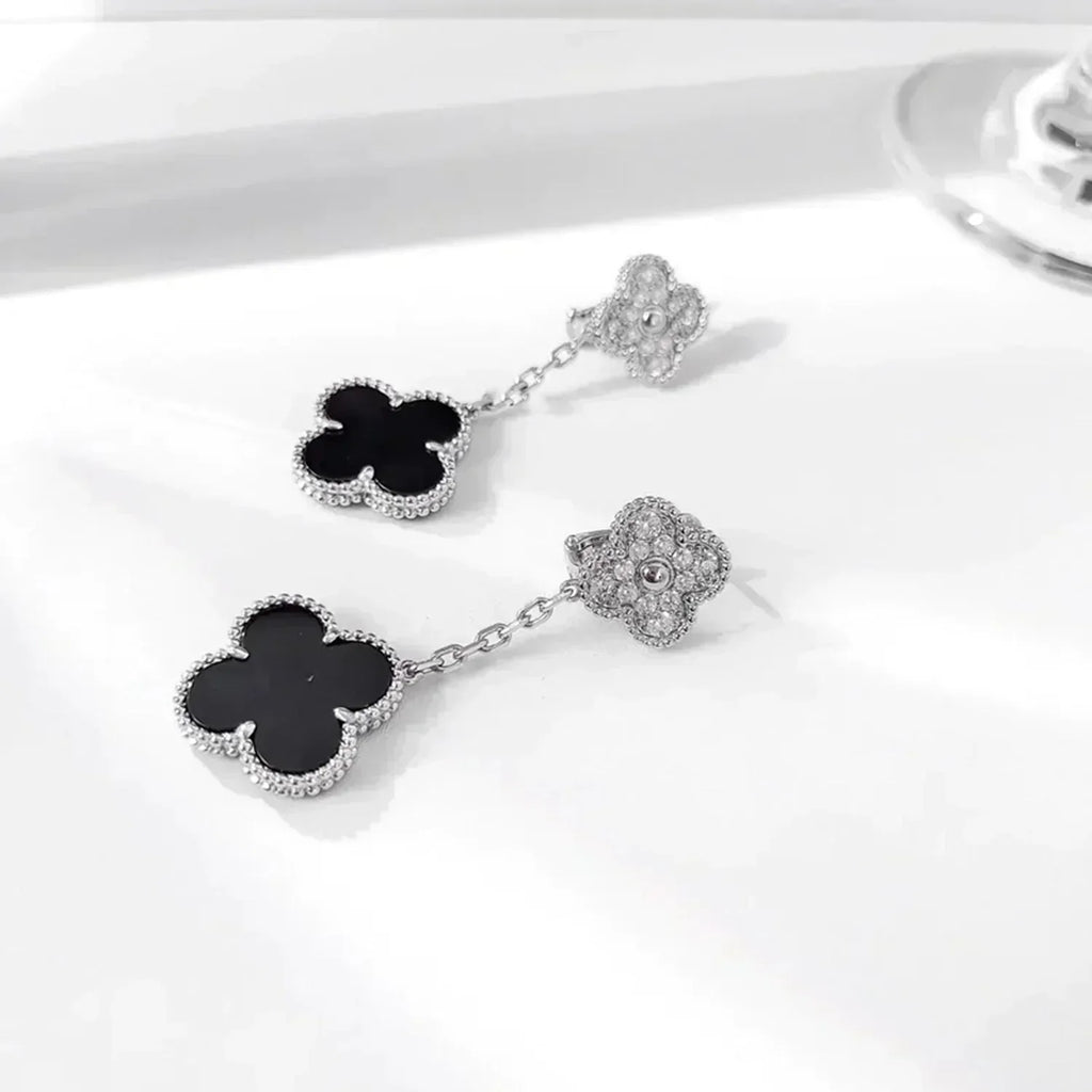 ¡®Jewelicorn¡¯CLOVER 2 MOTIFS  DIAMOND ONYX EARRINGS SILVER