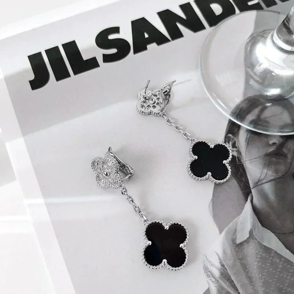 ¡®Jewelicorn¡¯CLOVER 2 MOTIFS  DIAMOND ONYX EARRINGS SILVER