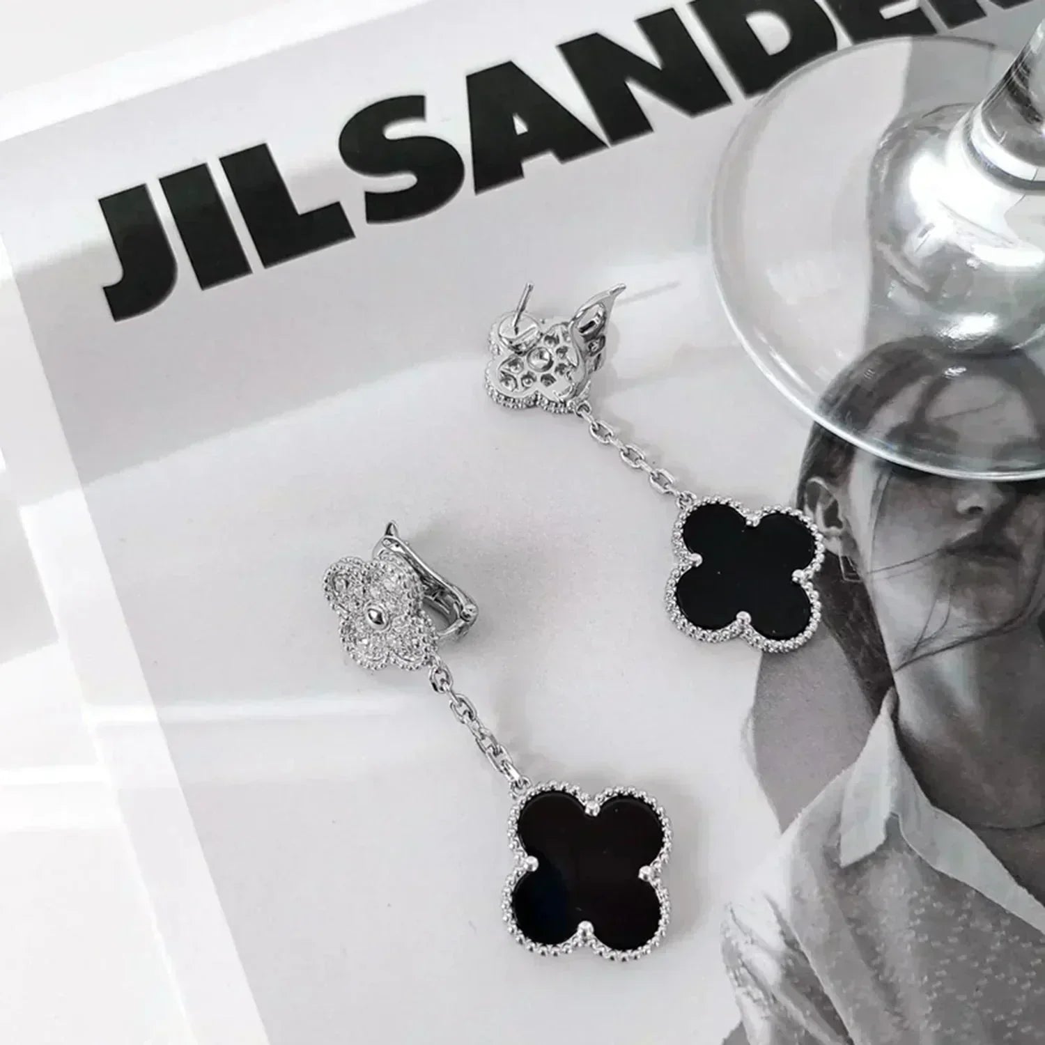 ¡®Jewelicorn¡¯CLOVER 2 MOTIFS  DIAMOND ONYX EARRINGS SILVER